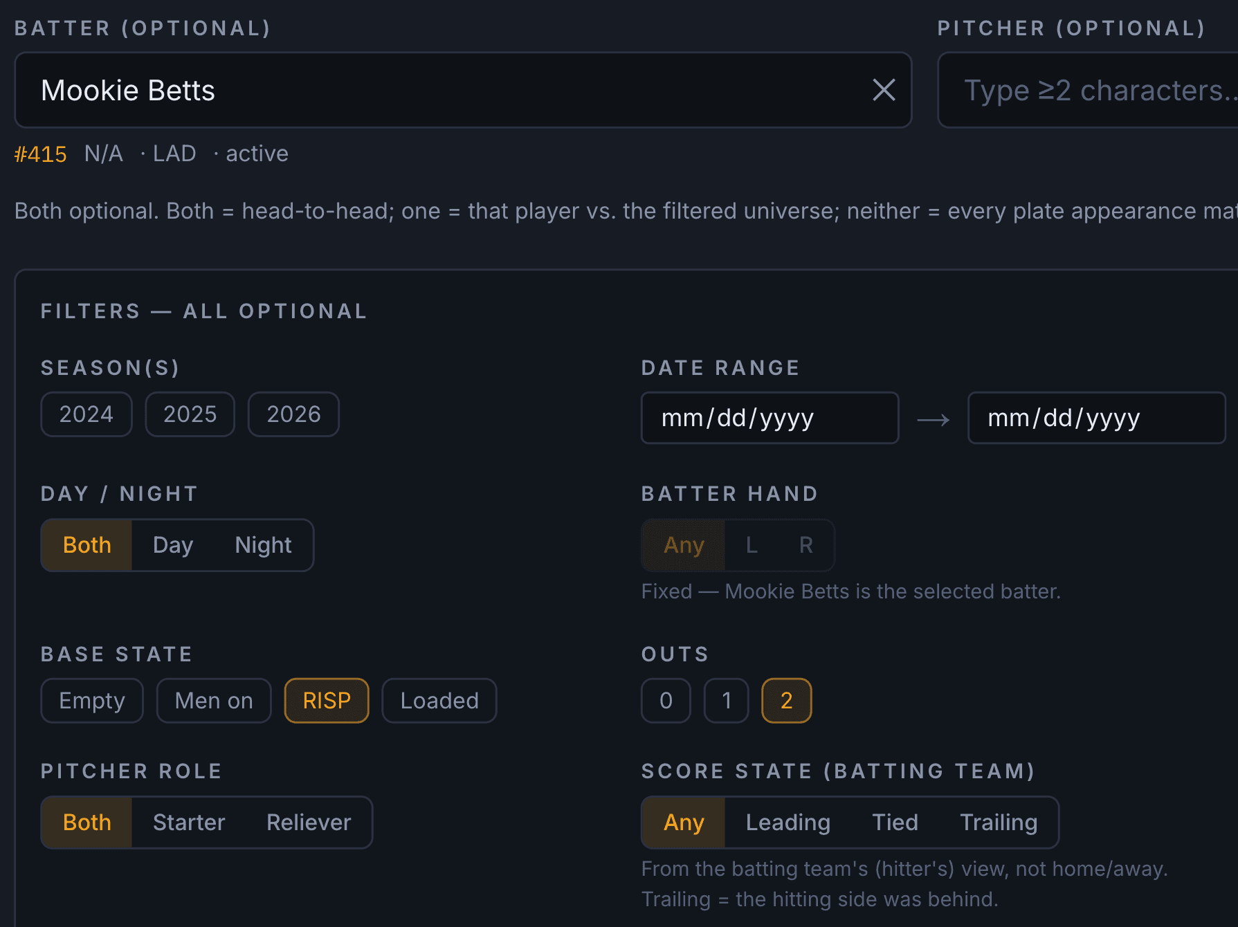 Player Split Search — situational filters over the MLB plate-appearance corpus with a sortable results grid.